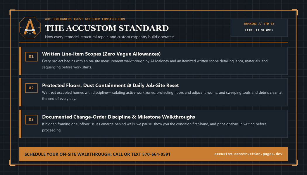 Accustom Construction business card back — Kitchen and Bath Remodels, Structural Framing, Finished Basements, Custom Trim and Decks