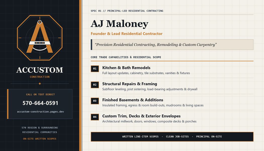 Accustom Construction business card front — AJ Maloney Founder and Lead Residential Contractor