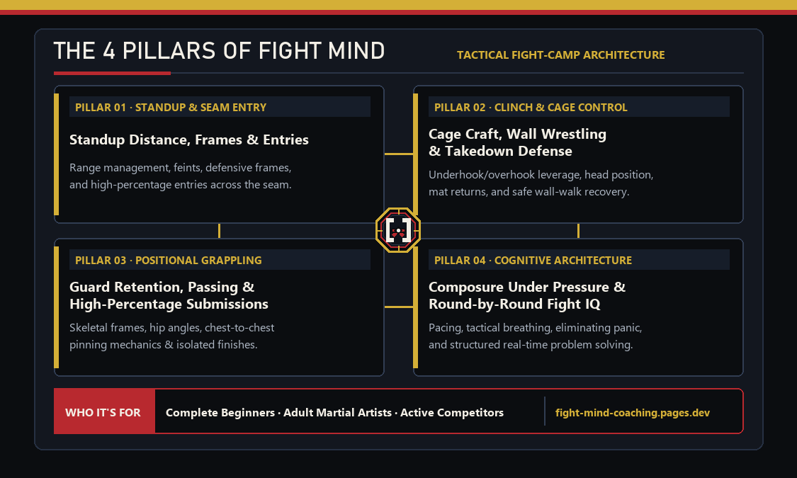 Fight Mind Coaching business card back — 1-on-1 Private Technical Coaching, Gi and No-Gi BJJ Systems, MMA Striking-to-Takedown Integration, Fight IQ