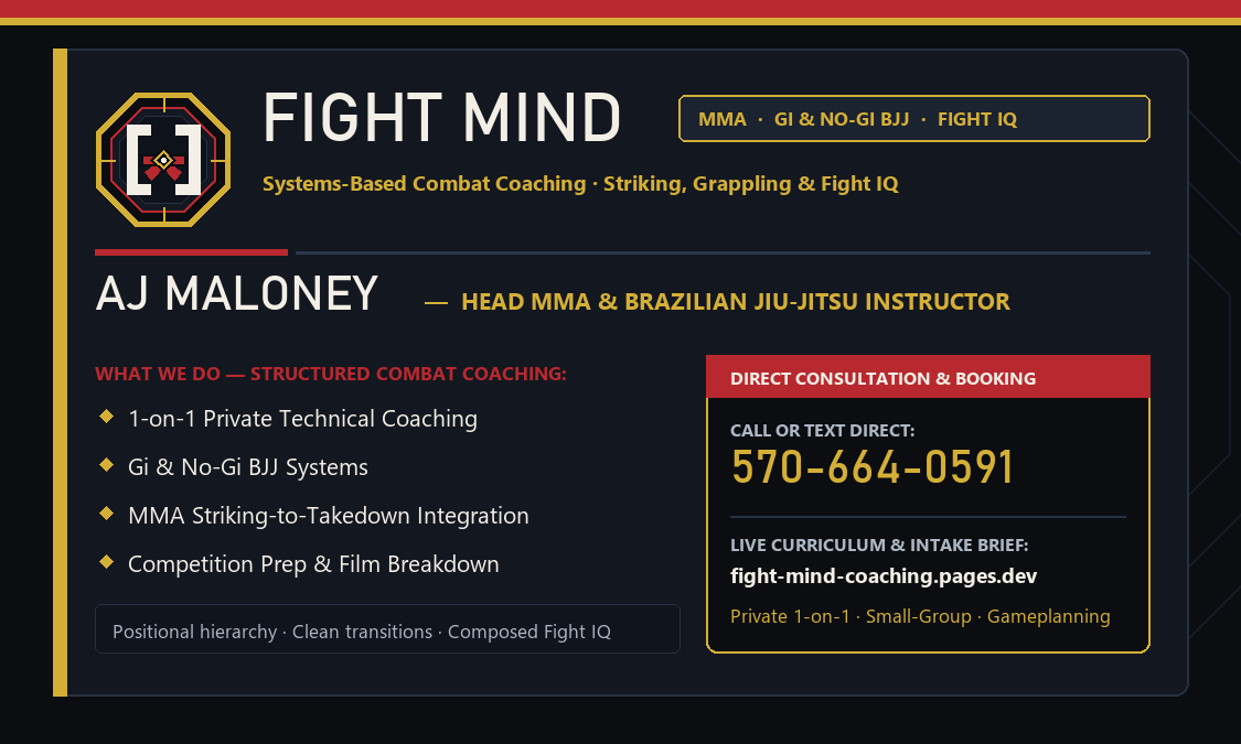 Fight Mind Coaching business card front — AJ Maloney Head MMA and Brazilian Jiu-Jitsu Instructor