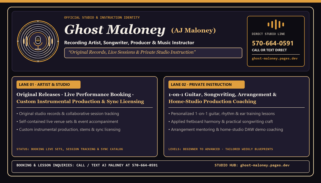 Ghost Maloney Music business card front — Recording Artist, Songwriter, Producer and Music Instructor