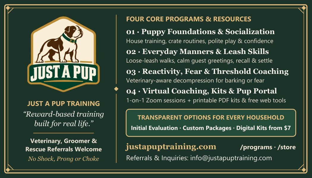 Just A Pup Studio and Vet Referral Card back — Direct QR code to book evaluations and program overview