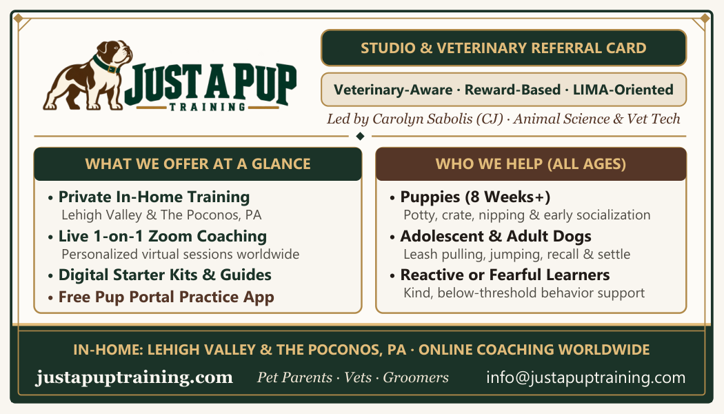 Just A Pup Studio and Vet Referral Card front — Humane Dog Training and Behavior Coaching