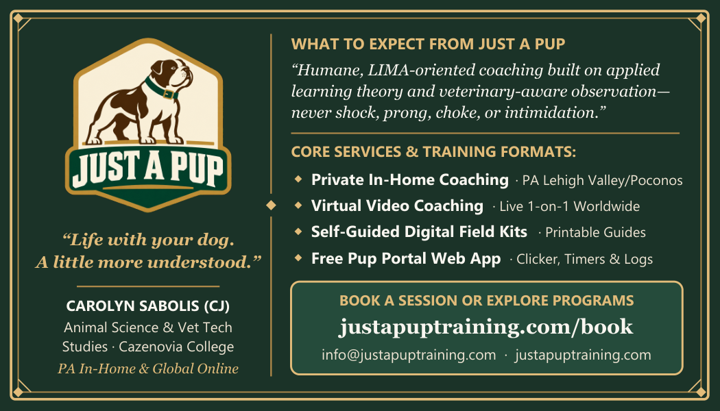 Carolyn Sabolis Signature Dark Crest Edition business card back — Puppy Foundations, Loose-Leash and Recall, Reactivity and Decompression, and QR code