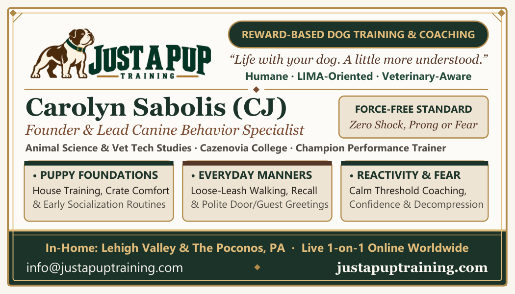Carolyn Sabolis Signature Dark Crest Edition business card front — Founder and Lead Canine Behavior Specialist at Just A Pup Training